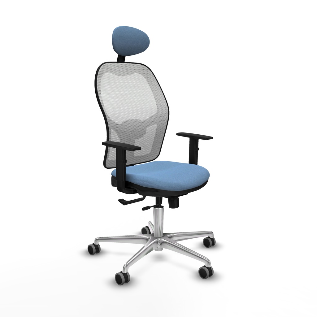 Jorquera traslack malla blanca bali azul cielo brazos 1D base aluminio cabecero fijo ruedas 65mm engomada