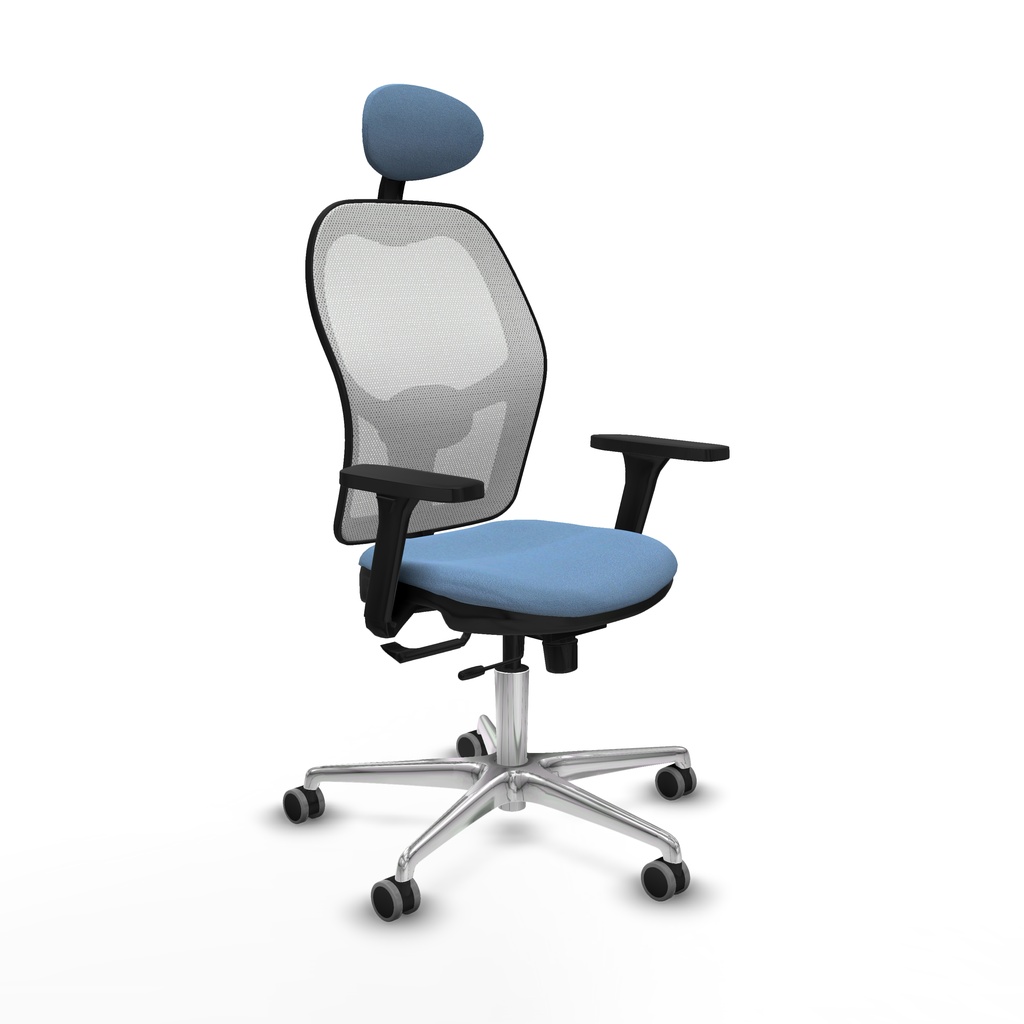 Jorquera traslack malla blanca bali azul cielo brazos 3D base aluminio cabecero fijo ruedas 65mm engomada