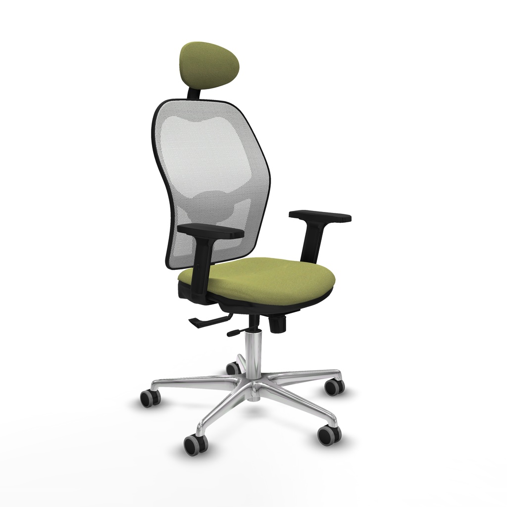 Jorquera traslack malla blanca bali verde oliva brazos 2D base aluminio cabecero fijo ruedas 65mm engomada