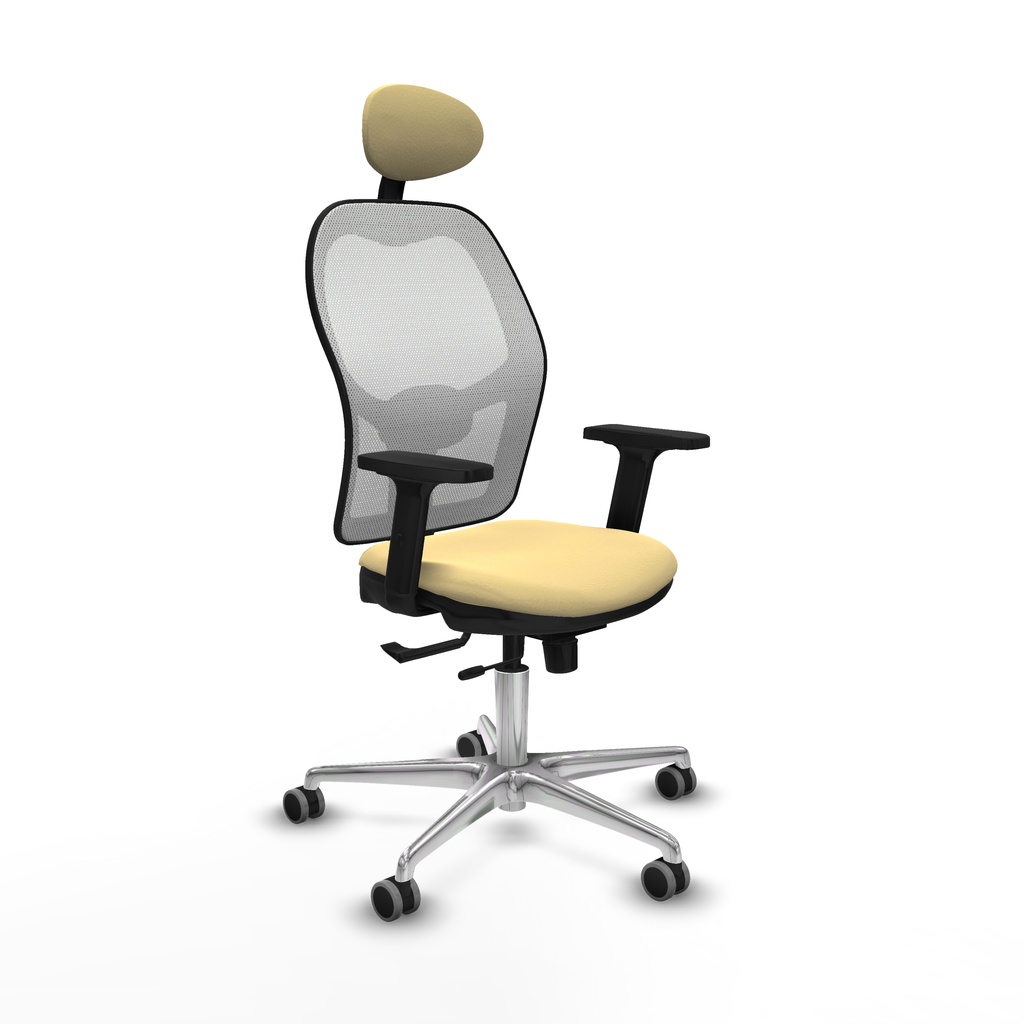 Jorquera traslack malla blanca similpiel crema brazos 2D base aluminio cabecero fijo ruedas 65mm engomada