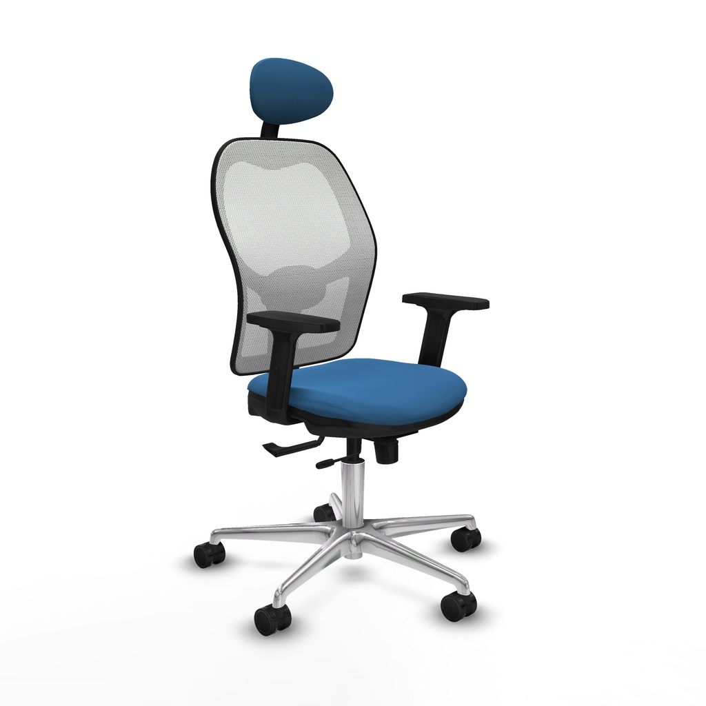 Jorquera traslack malla blanca similpiel azul claro brazos 2D base aluminio cabecero fijo ruedas 65mm nailon