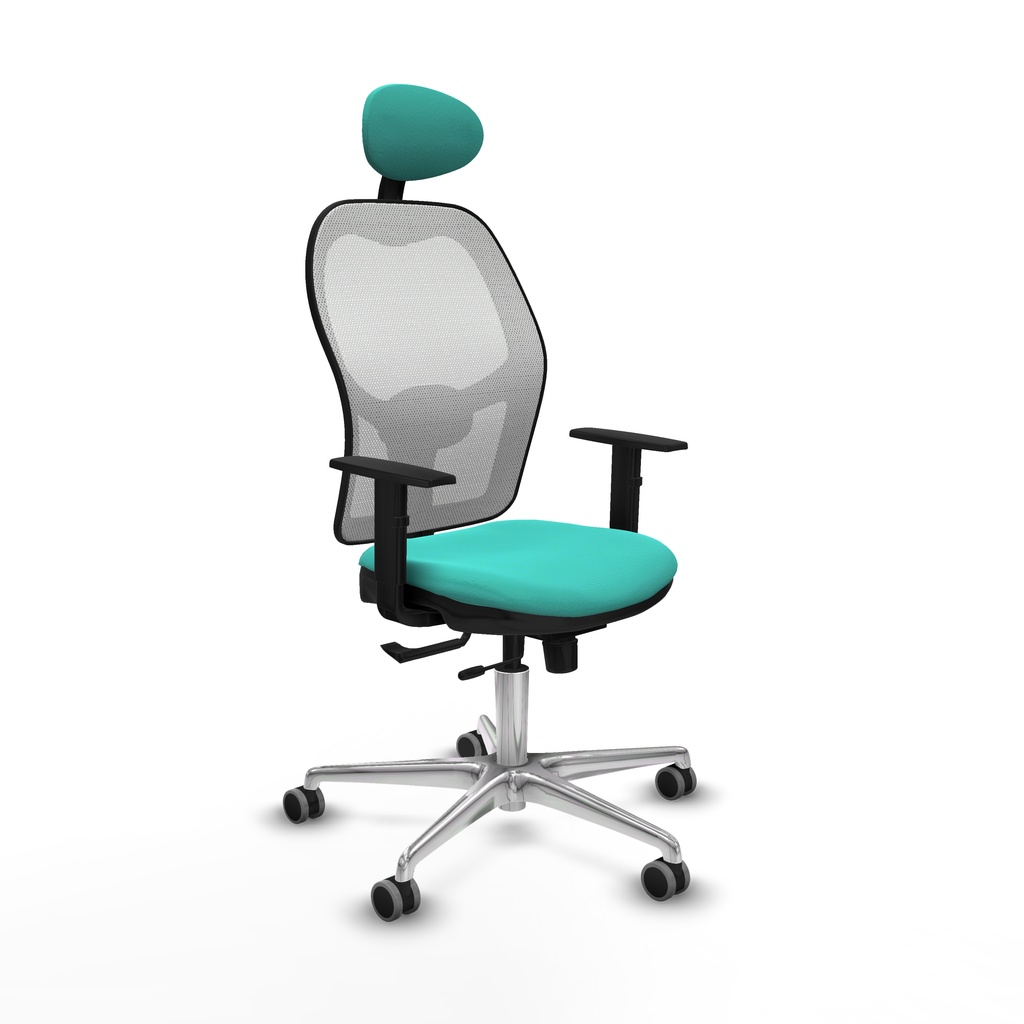 Jorquera traslack malla blanca similpiel turquesa brazos 1D base aluminio cabecero fijo ruedas 65mm engomada