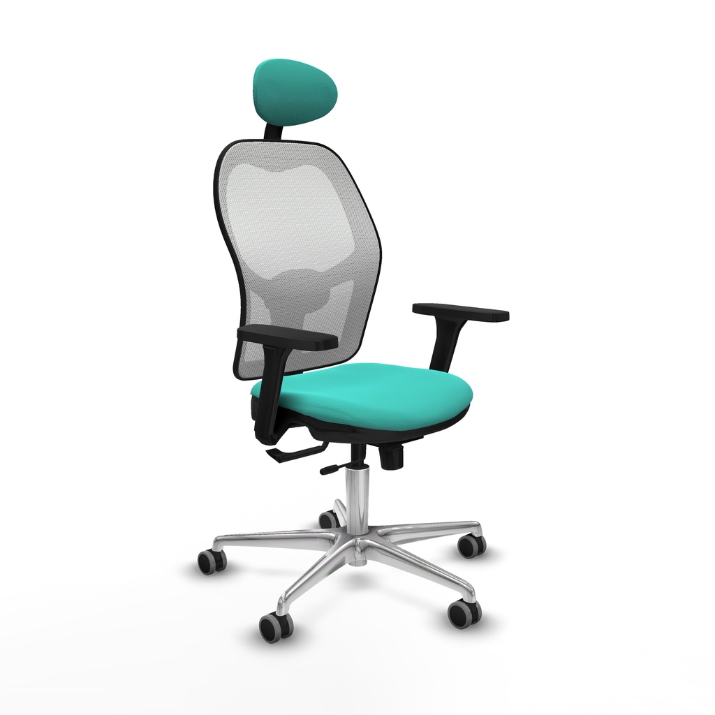 Jorquera traslack malla blanca similpiel turquesa brazos 3D base aluminio cabecero fijo ruedas 65mm engomada