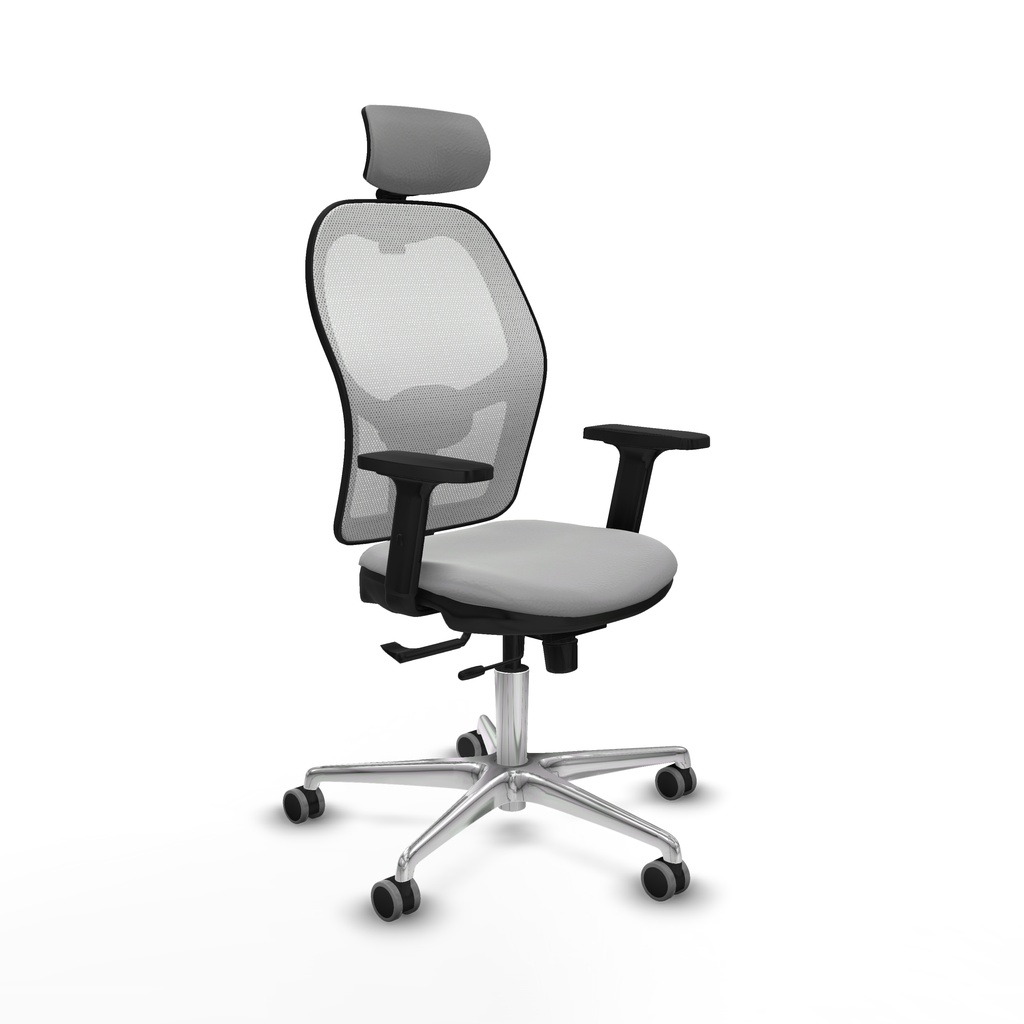 Jorquera traslack malla blanca similpiel gris claro brazos 2D base aluminio cabecero 2D ruedas 65mm engomada
