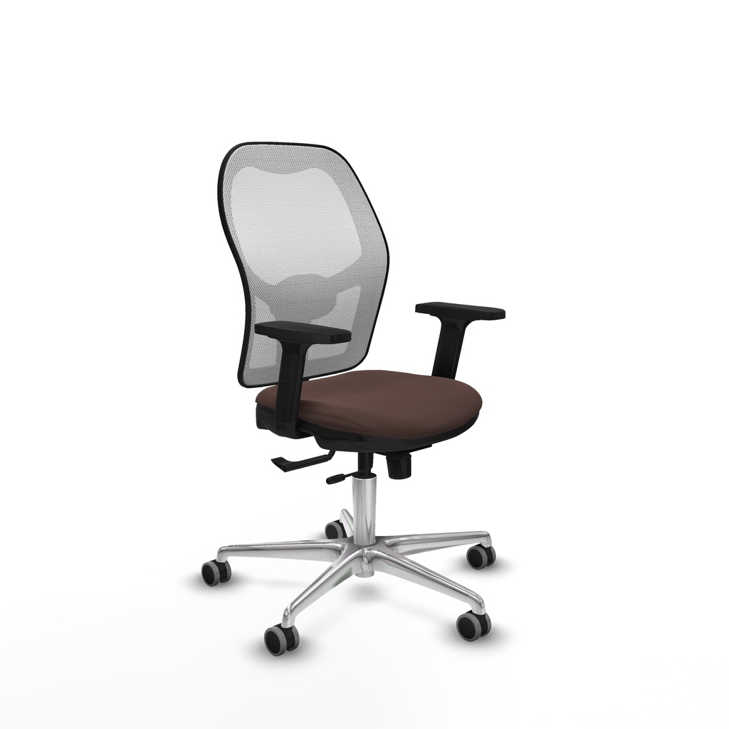 Jorquera traslack malla blanca similpiel marrón oscuro brazos 2D base aluminio  ruedas 65mm engomada
