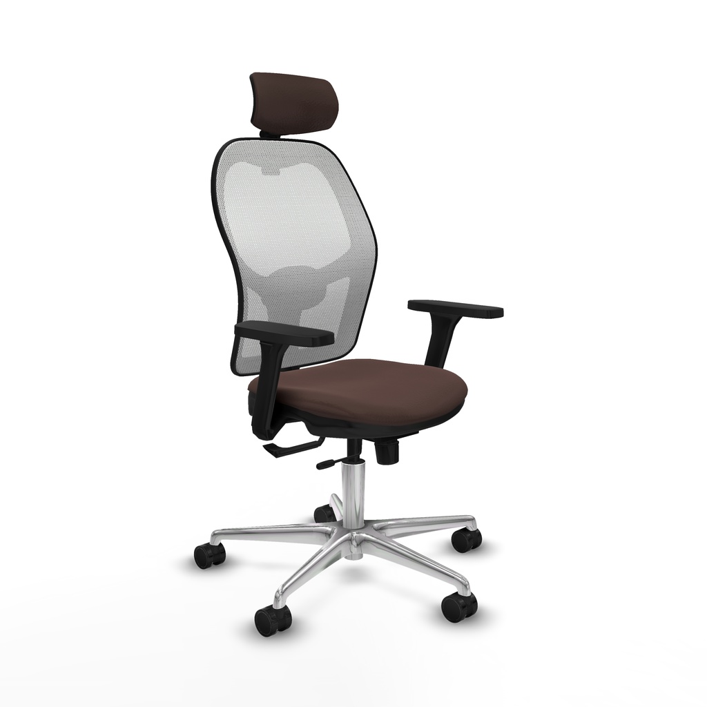 Jorquera traslack malla blanca similpiel marrón oscuro brazos 3D base aluminio cabecero 2D ruedas 65mm nailon