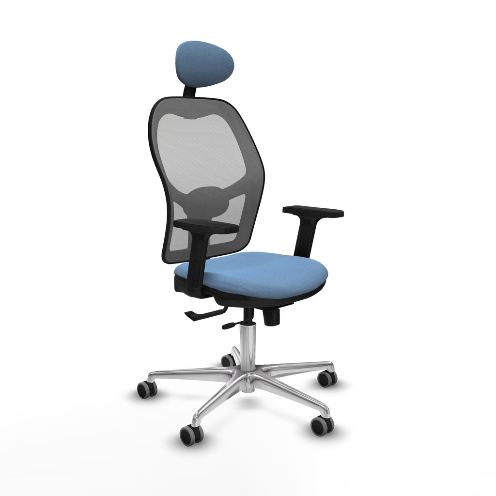 Jorquera traslack malla gris bali azul cielo brazos 2D base aluminio cabecero fijo ruedas 65mm engomada