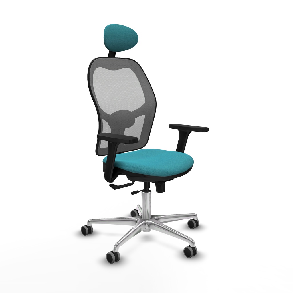 Jorquera traslack malla gris bali turquesa brazos 3D base aluminio cabecero fijo ruedas 65mm engomada