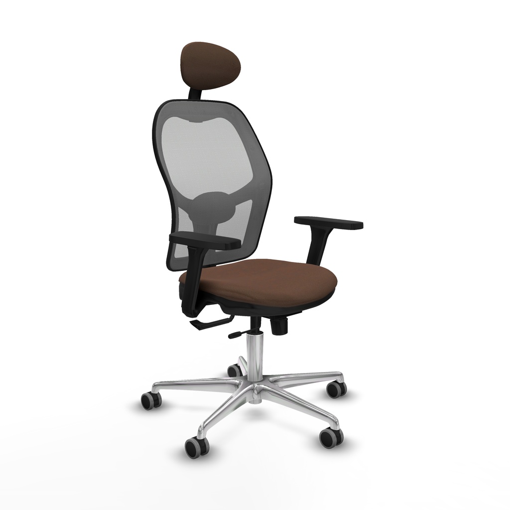 Jorquera traslack malla gris bali marrón oscuro brazos 3D base aluminio cabecero fijo ruedas 65mm engomada