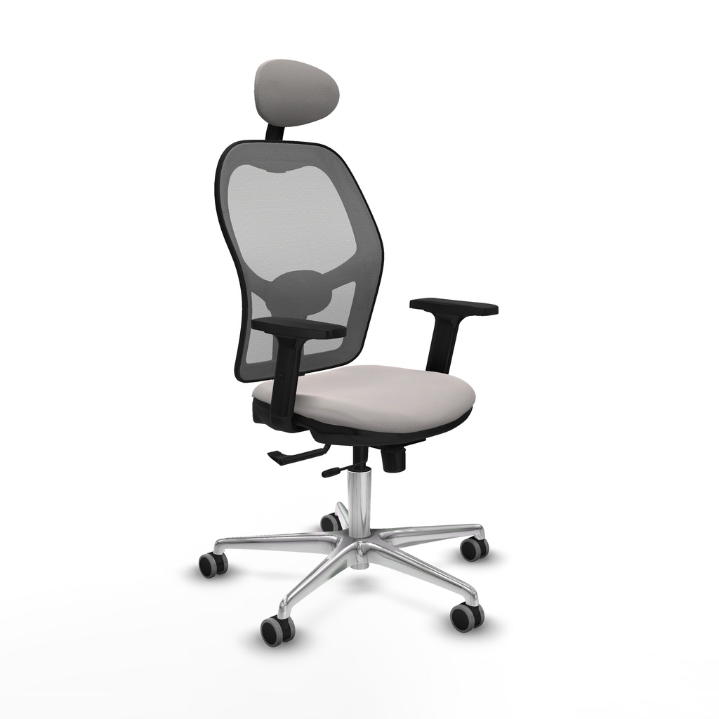 Jorquera traslack malla gris similpiel blanco brazos 2D base aluminio cabecero fijo ruedas 65mm engomada