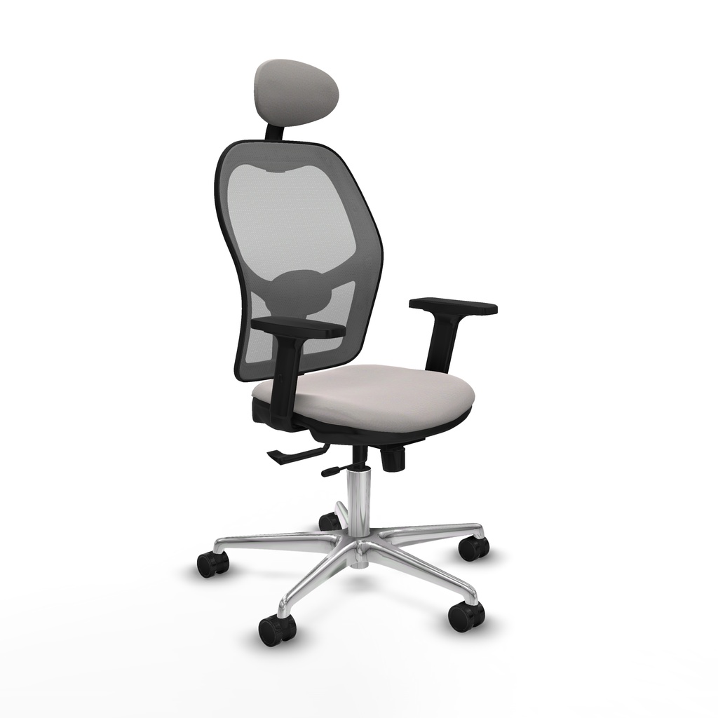 Jorquera traslack malla gris similpiel blanco brazos 2D base aluminio cabecero fijo ruedas 65mm nailon