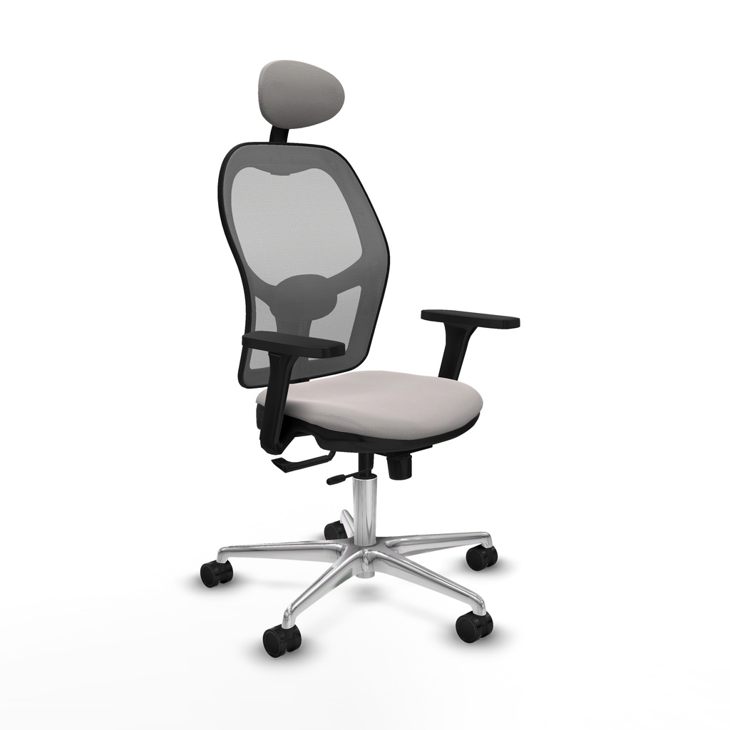 Jorquera traslack malla gris similpiel blanco brazos 3D base aluminio cabecero fijo ruedas 65mm nailon