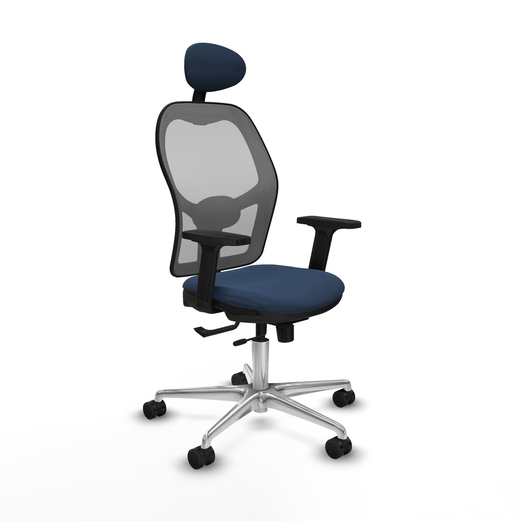 Jorquera traslack malla gris similpiel azul marino brazos 2D base aluminio cabecero fijo ruedas 65mm nailon