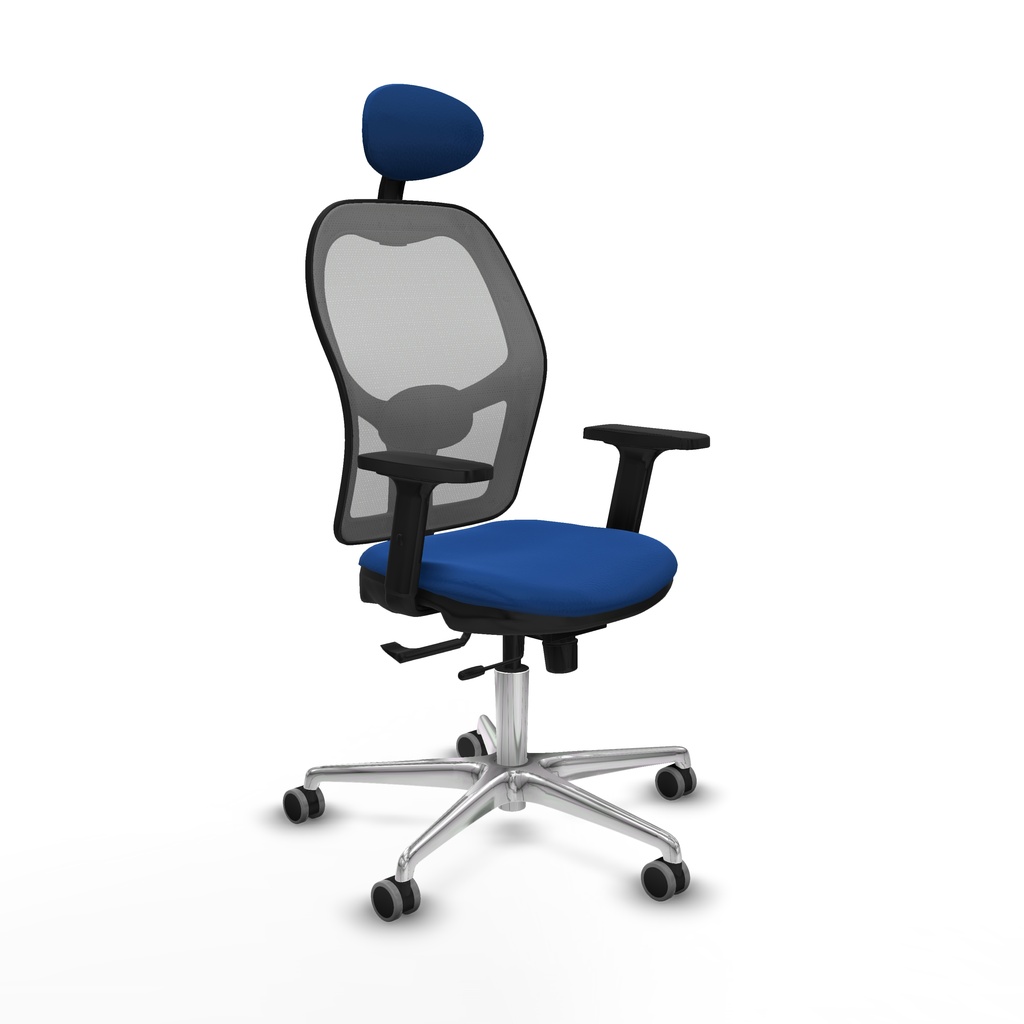 Jorquera traslack malla gris similpiel azul brazos 2D base aluminio cabecero fijo ruedas 65mm engomada
