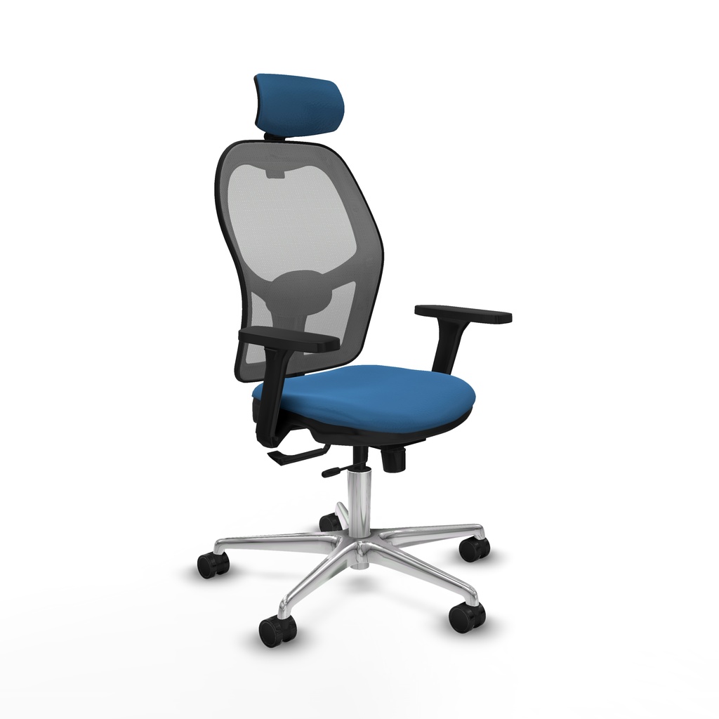 Jorquera traslack malla gris similpiel azul claro brazos 3D base aluminio cabecero 2D ruedas 65mm nailon