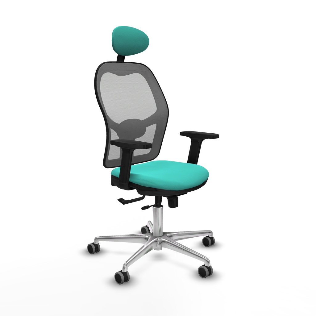 Jorquera traslack malla gris similpiel turquesa brazos 2D base aluminio cabecero fijo ruedas 65mm engomada