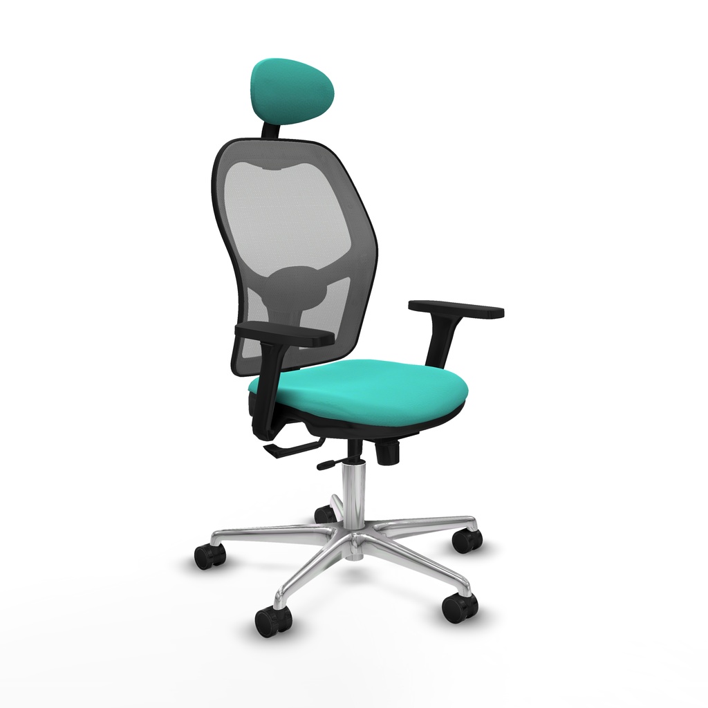 Jorquera traslack malla gris similpiel turquesa brazos 3D base aluminio cabecero fijo ruedas 65mm nailon