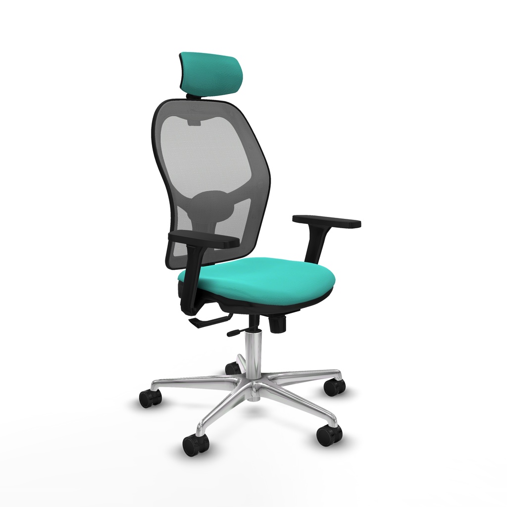 Jorquera traslack malla gris similpiel turquesa brazos 3D base aluminio cabecero 2D ruedas 65mm nailon