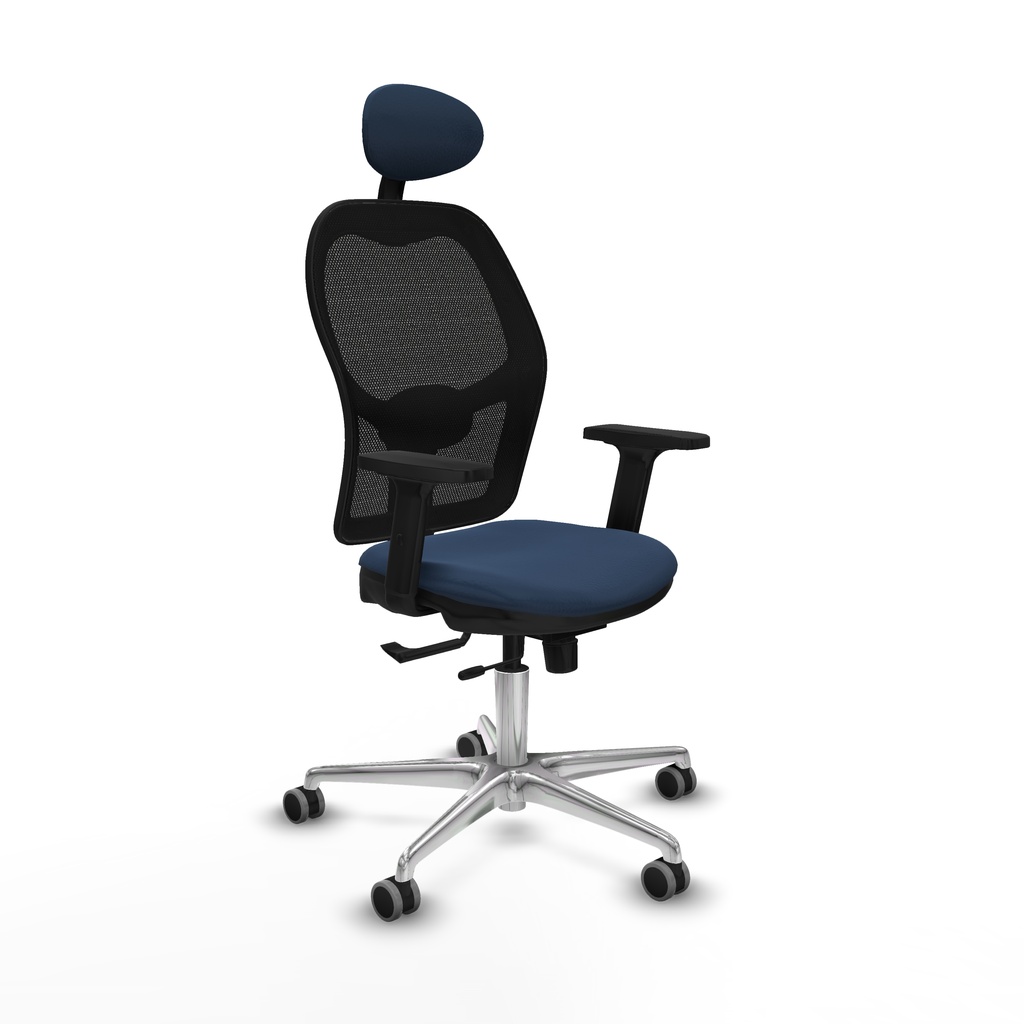 Jorquera traslack malla negra similpiel azul marino brazos 2D base aluminio cabecero fijo ruedas 65mm engomada