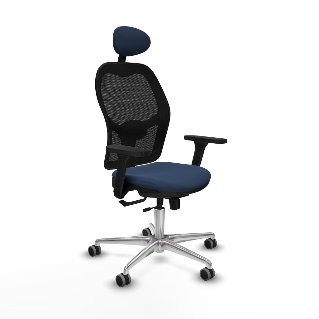 Jorquera traslack malla negra similpiel azul marino brazos 3D base aluminio cabecero fijo ruedas 65mm engomada