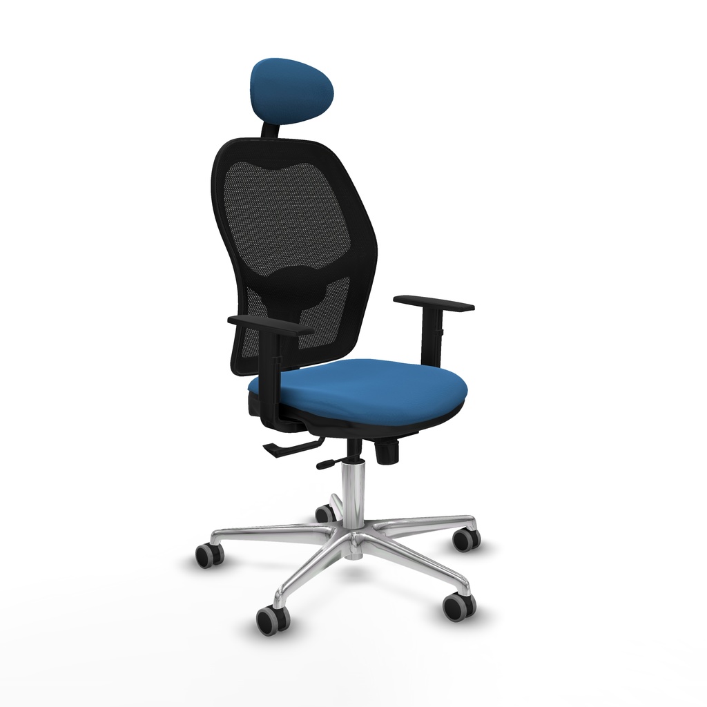 Jorquera traslack malla negra similpiel azul claro brazos 1D base aluminio cabecero fijo ruedas 65mm engomada