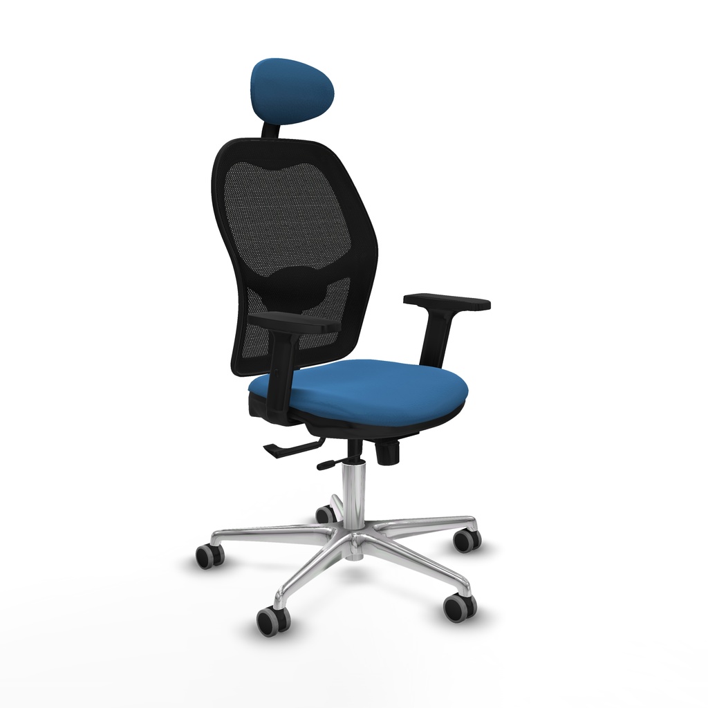 Jorquera traslack malla negra similpiel azul claro brazos 2D base aluminio cabecero fijo ruedas 65mm engomada
