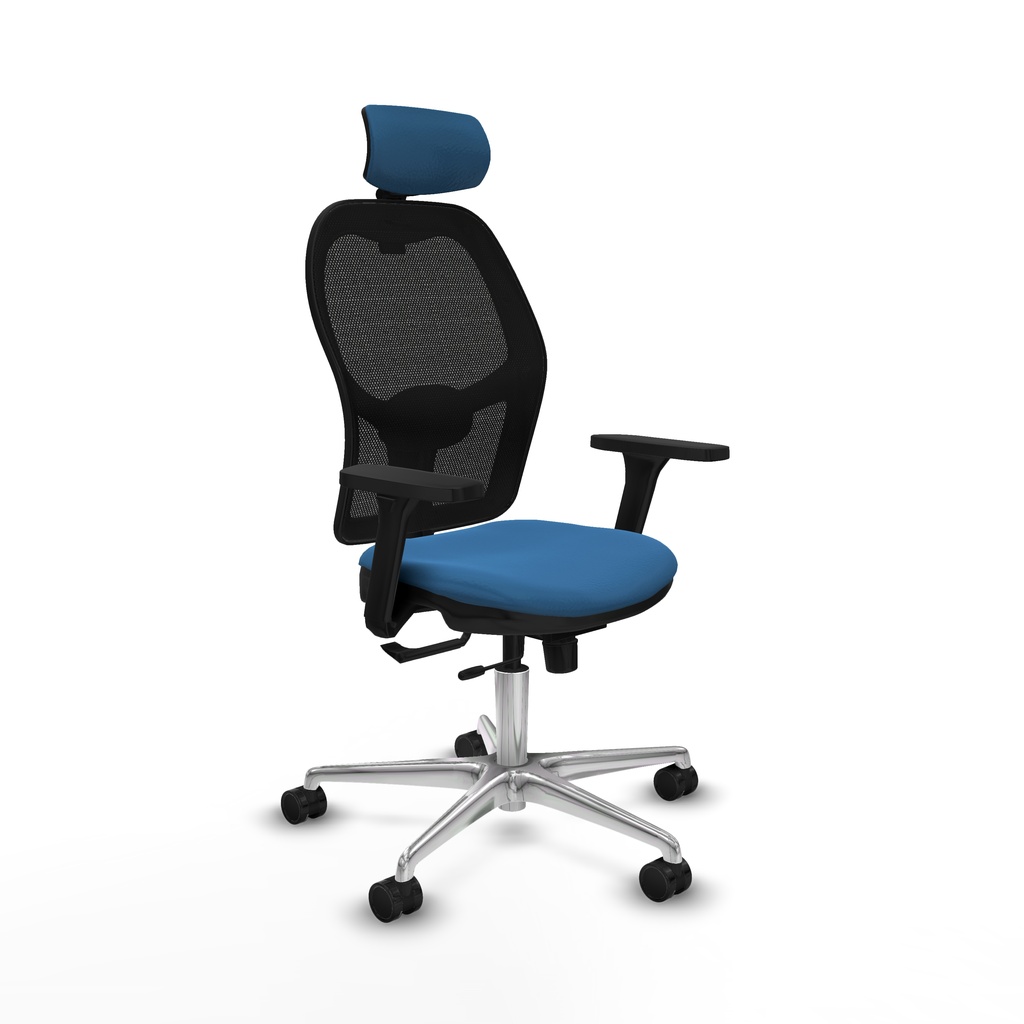 Jorquera traslack malla negra similpiel azul claro brazos 3D base aluminio cabecero 2D ruedas 65mm nailon