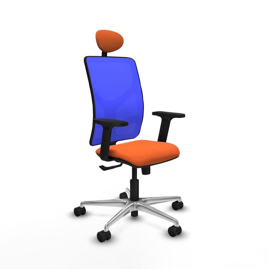 Motilla sincro malla azul bali naranja brazos 2D base aluminio cabecero fijo ruedas 65mm nailon