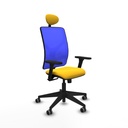 Motilla sincro malla azul similpiel amarillo brazos 3D base piramidal cabecero fijo ruedas 65mm engomadas