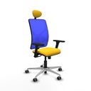 Motilla sincro malla azul similpiel amarillo brazos 3D base aluminio cabecero fijo ruedas 65mm engomadas