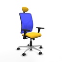 Motilla sincro malla azul similpiel amarillo brazos 3D base aluminio cabecero fijo ruedas 65mm nailon