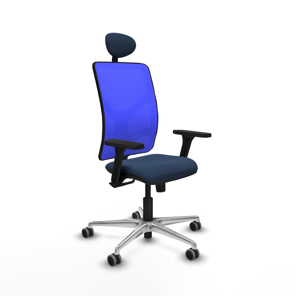 Motilla sincro malla azul similpiel azul marino brazos 3D base aluminio cabecero fijo ruedas 65mm engomadas
