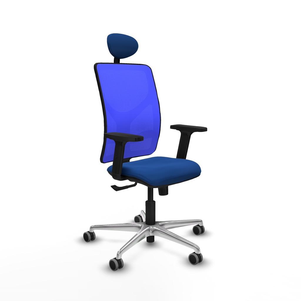 Motilla sincro malla azul similpiel azul brazos 2D base aluminio cabecero fijo ruedas 65mm engomadas