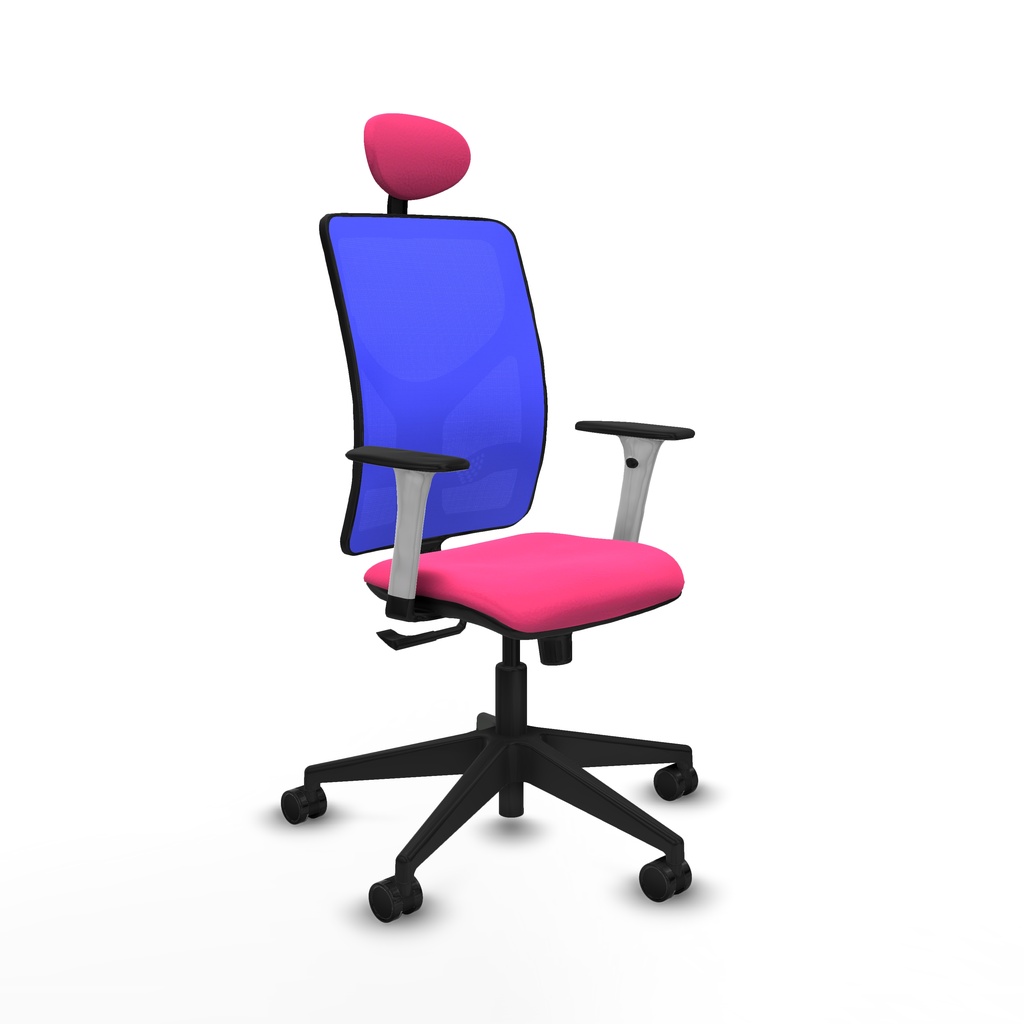 Motilla sincro malla azul similpiel rosa brazos blancos base piramidal cabecero fijo ruedas 65mm nailon