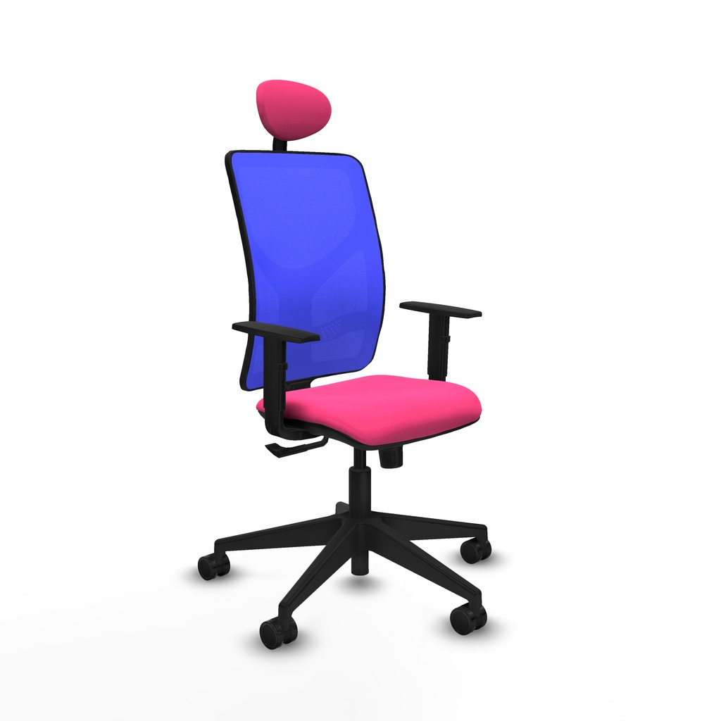 Motilla sincro malla azul similpiel rosa brazos 1D base piramidal cabecero fijo ruedas 65mm nailon