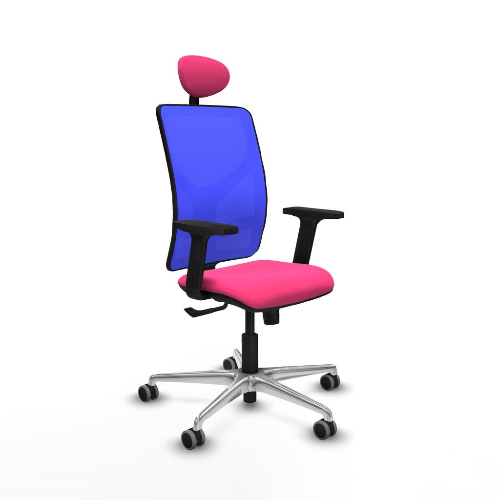 Motilla sincro malla azul similpiel rosa brazos 2D base aluminio cabecero fijo ruedas 65mm engomadas