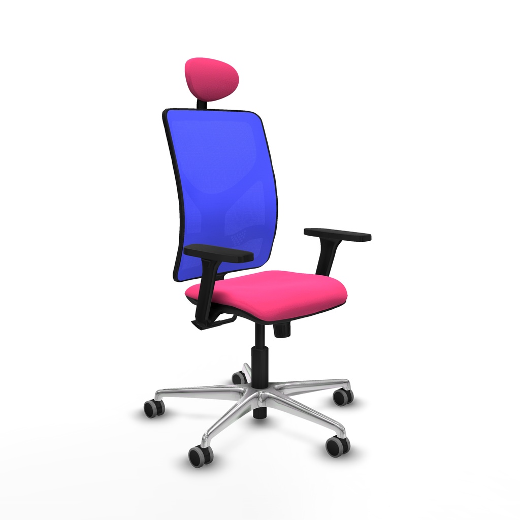 Motilla sincro malla azul similpiel rosa brazos 3D base aluminio cabecero fijo ruedas 65mm engomadas