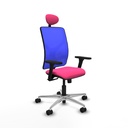 Motilla sincro malla azul similpiel rosa brazos 3D base aluminio cabecero fijo ruedas 65mm nailon