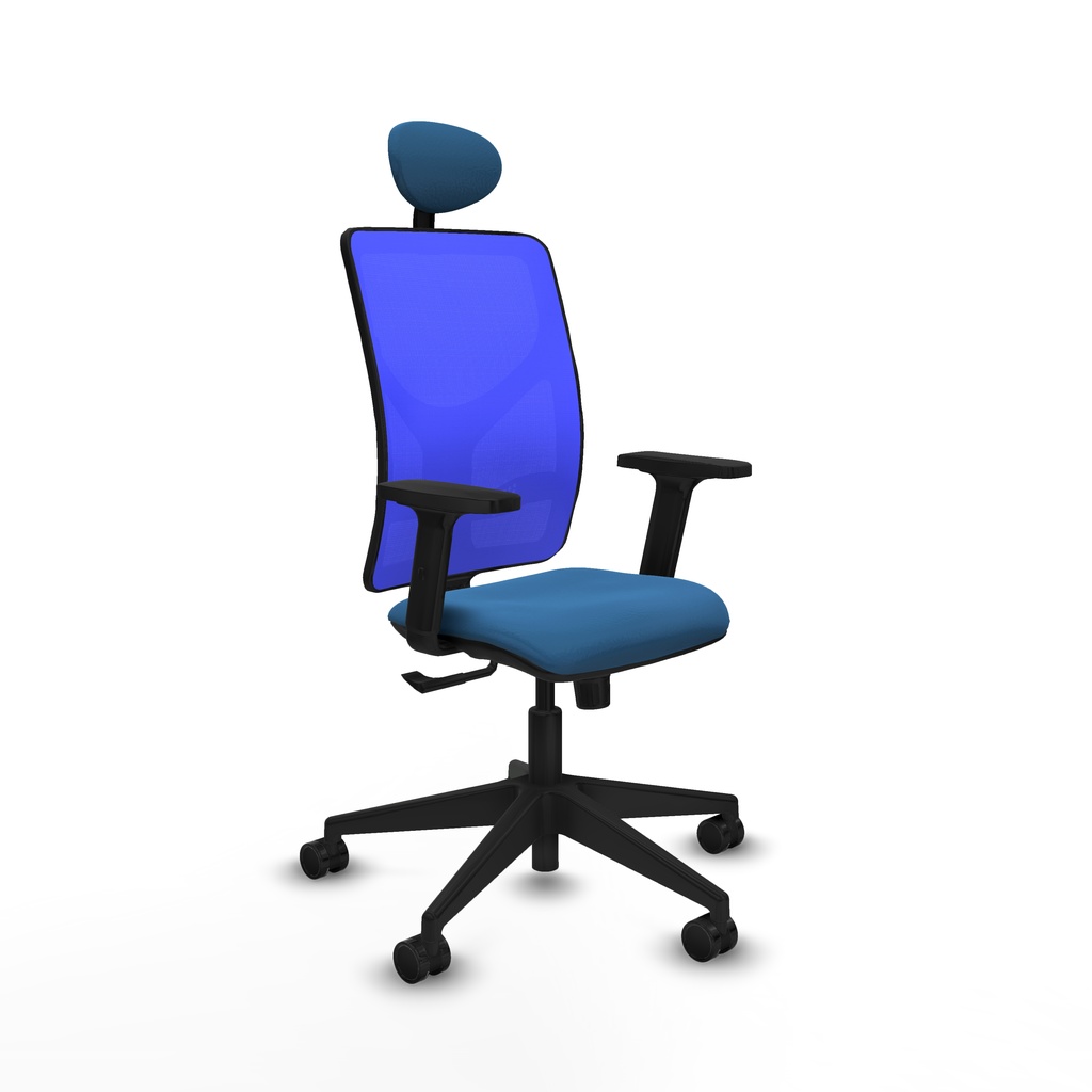 Motilla sincro malla azul similpiel azul claro brazos 2D base piramidal cabecero fijo ruedas 65mm nailon