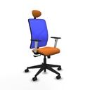 Motilla sincro malla azul similpiel naranja brazos blancos base piramidal cabecero fijo ruedas 65mm nailon