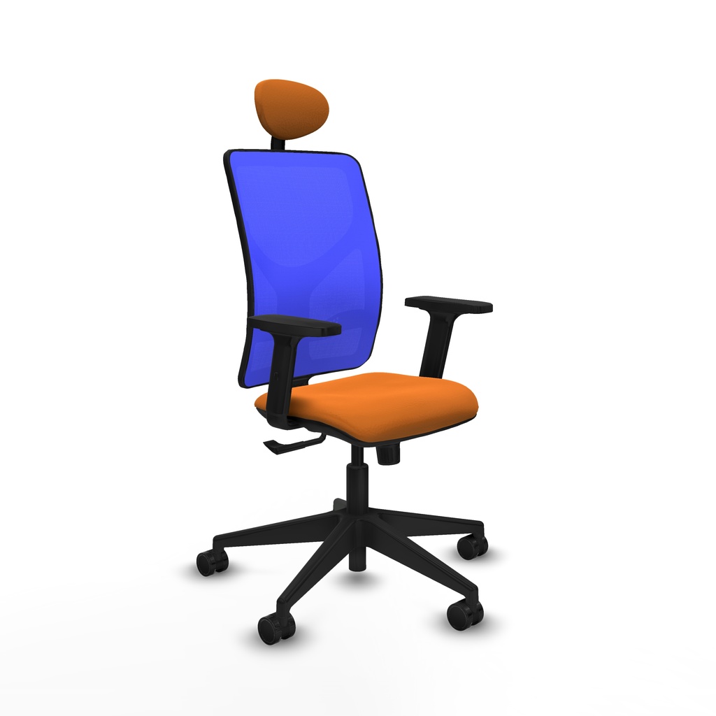 Motilla sincro malla azul similpiel naranja brazos 2D base piramidal cabecero fijo ruedas 65mm nailon
