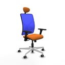 Motilla sincro malla azul similpiel naranja brazos 3D base blanca cabecero fijo ruedas 65mm engomadas