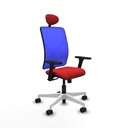 Motilla sincro malla azul similpiel rojo brazos 3D base blanca cabecero fijo ruedas 65mm nailon