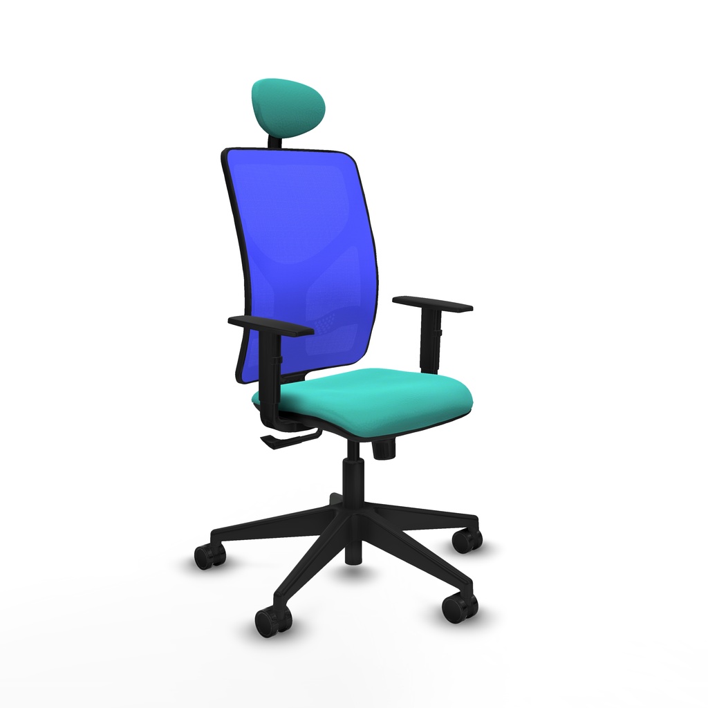 Motilla sincro malla azul similpiel turquesa brazos 1D base piramidal cabecero fijo ruedas 65mm nailon