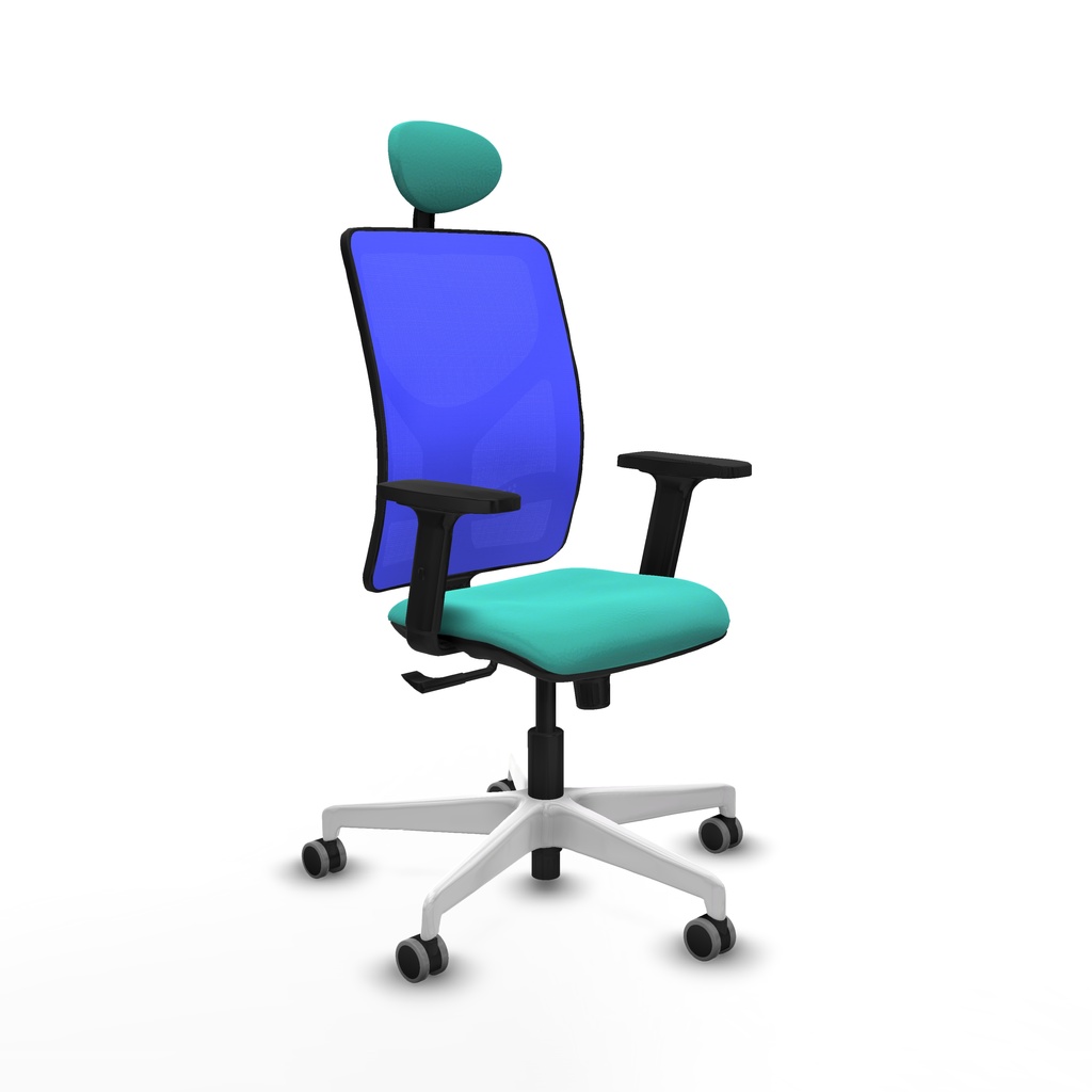 Motilla sincro malla azul similpiel turquesa brazos 2D base blanca cabecero fijo ruedas 65mm engomadas