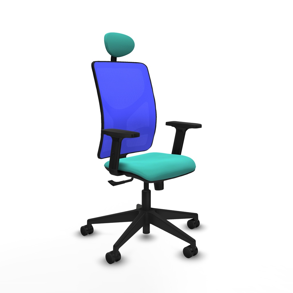 Motilla sincro malla azul similpiel turquesa brazos 2D base piramidal cabecero fijo ruedas 65mm nailon