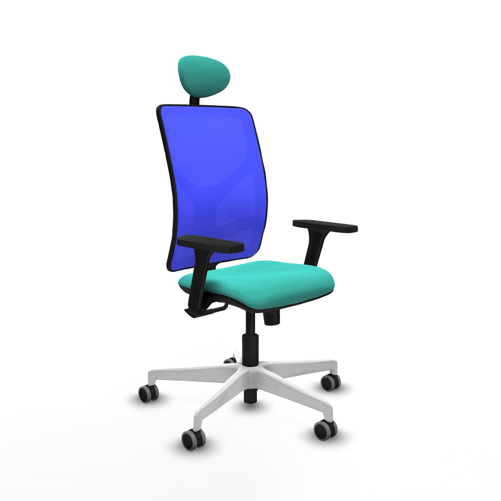 Motilla sincro malla azul similpiel turquesa brazos 3D base blanca cabecero fijo ruedas 65mm engomadas