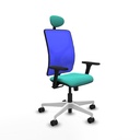 Motilla sincro malla azul similpiel turquesa brazos 3D base blanca cabecero fijo ruedas 65mm nailon