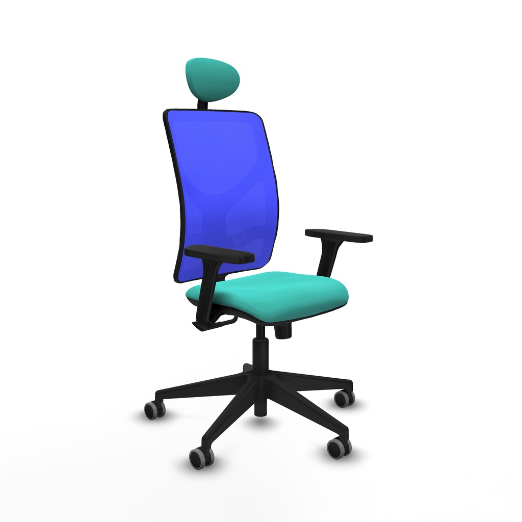 Motilla sincro malla azul similpiel turquesa brazos 3D base piramidal cabecero fijo ruedas 65mm engomadas
