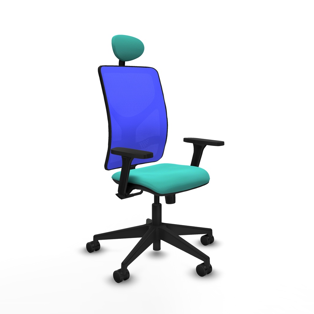 Motilla sincro malla azul similpiel turquesa brazos 3D base piramidal cabecero fijo ruedas 65mm nailon